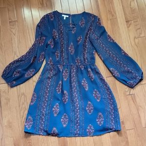 Boho Turquoise Floral V Neck Tunic Dress with Bell Sleeves and Elastic Waist